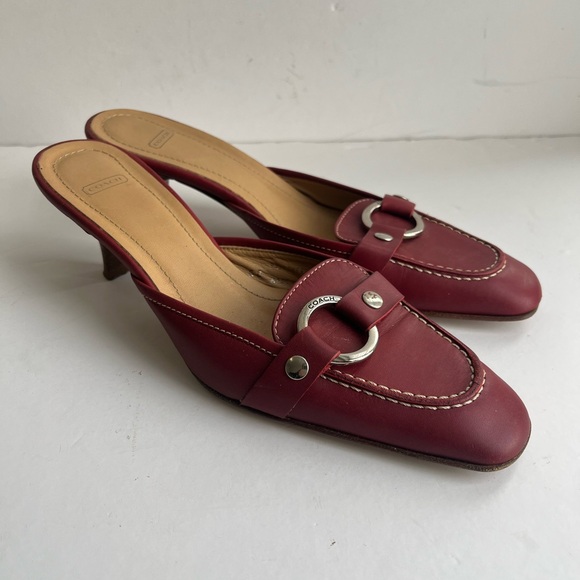 Coach Italy Sheri Red Kitten Heel Silver Buckle Mule loafers size 6B - Picture 2 of 11